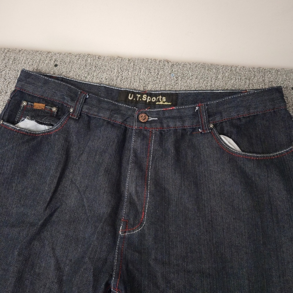 Vintage Skater Wide Leg Jeans 46x32 UT Sports Dark Wash Baggy Embroidered Y2K - Picture 5 of 9